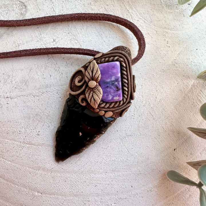 Handmade spiritual jewelry with Black Obsidian and Charoite crystals