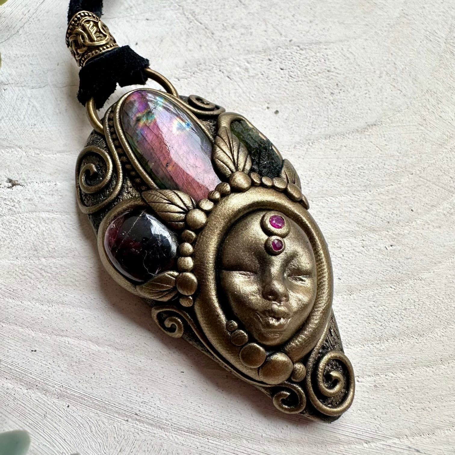 Energy pendant goddess necklace with ruby and moldavite