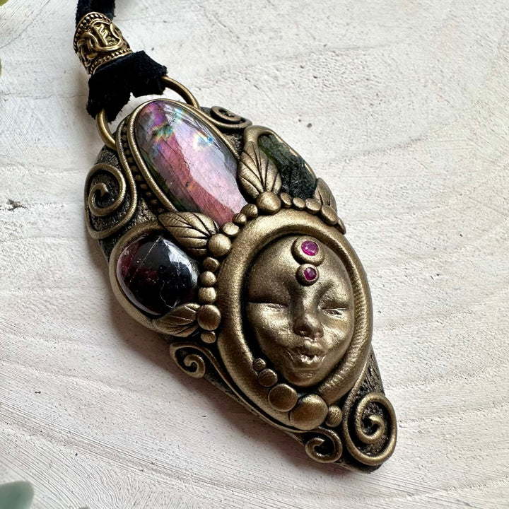 Energy pendant goddess necklace with ruby and moldavite