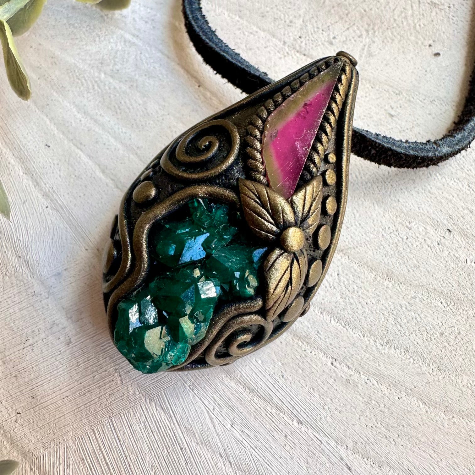 Dioptase and watermelon tourmaline gemstone healing necklace