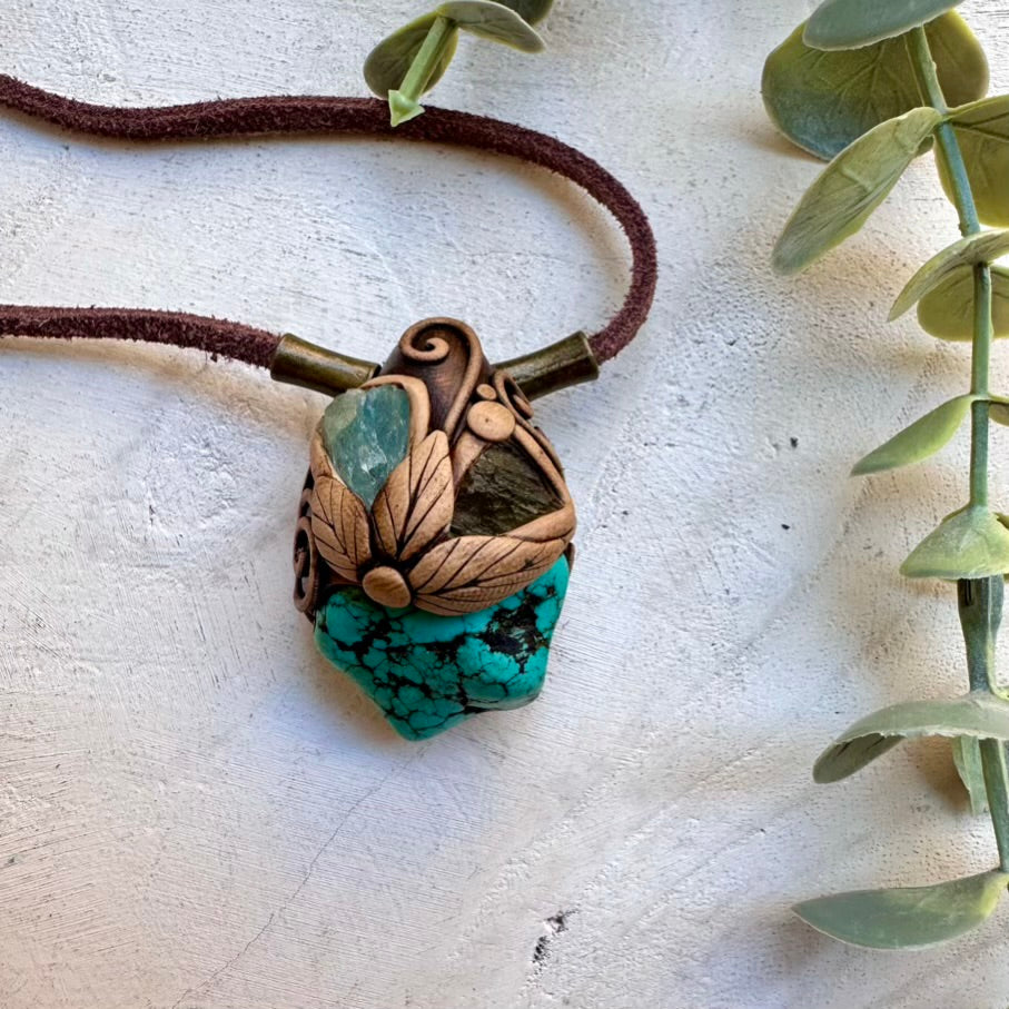 Handmade necklace featuring turquoise raw aquamarine and moldavite