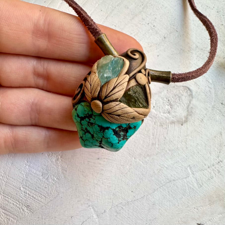 Turquoise raw aquamarine and moldavite necklace for spiritual wear