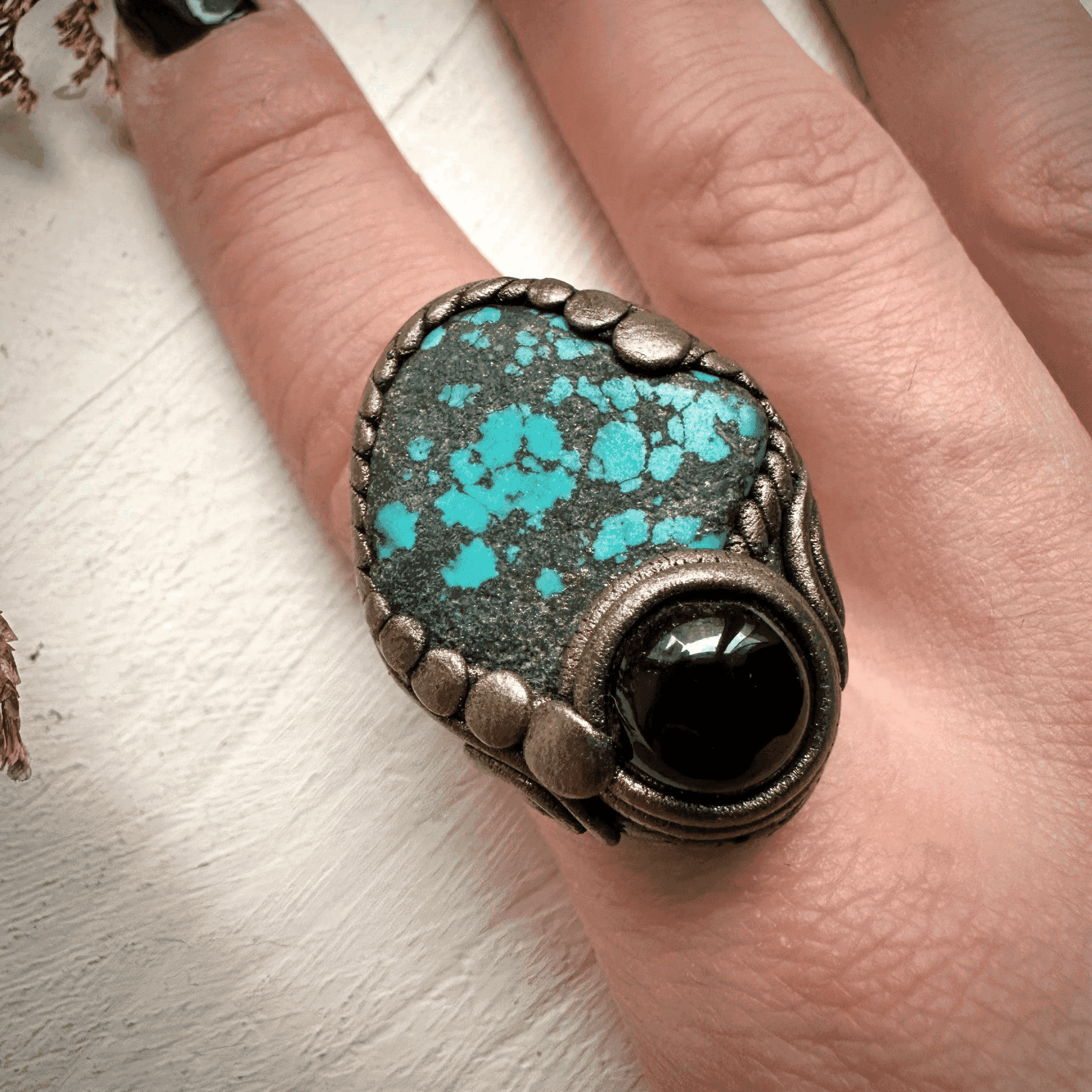 Turquoise and Black Onyx Ring - FairyGardenGlow