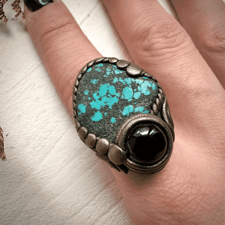 Turquoise and Black Onyx Ring - FairyGardenGlow