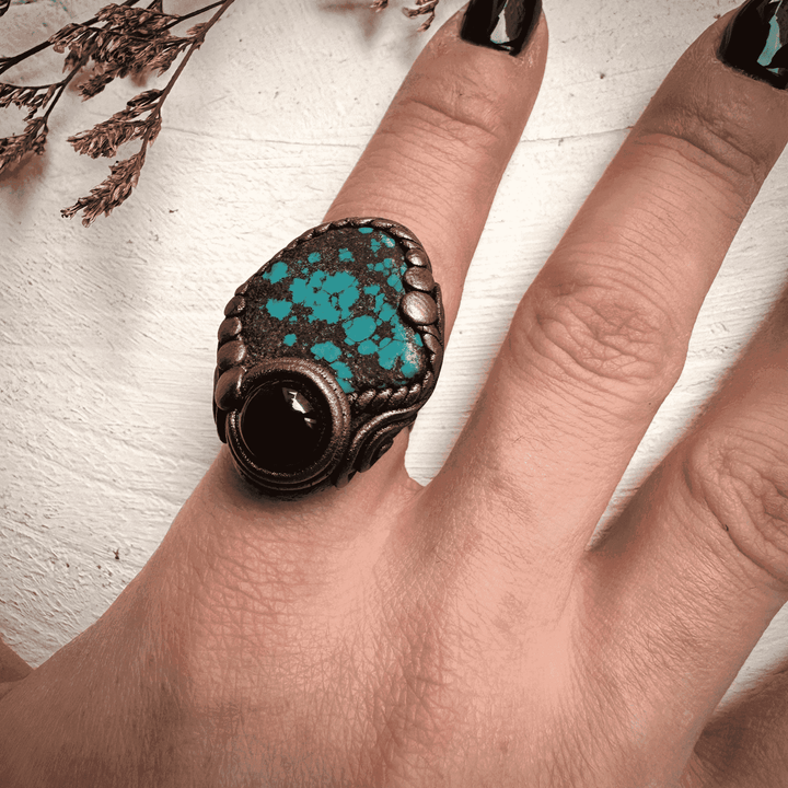 Turquoise and Black Onyx Ring - FairyGardenGlow