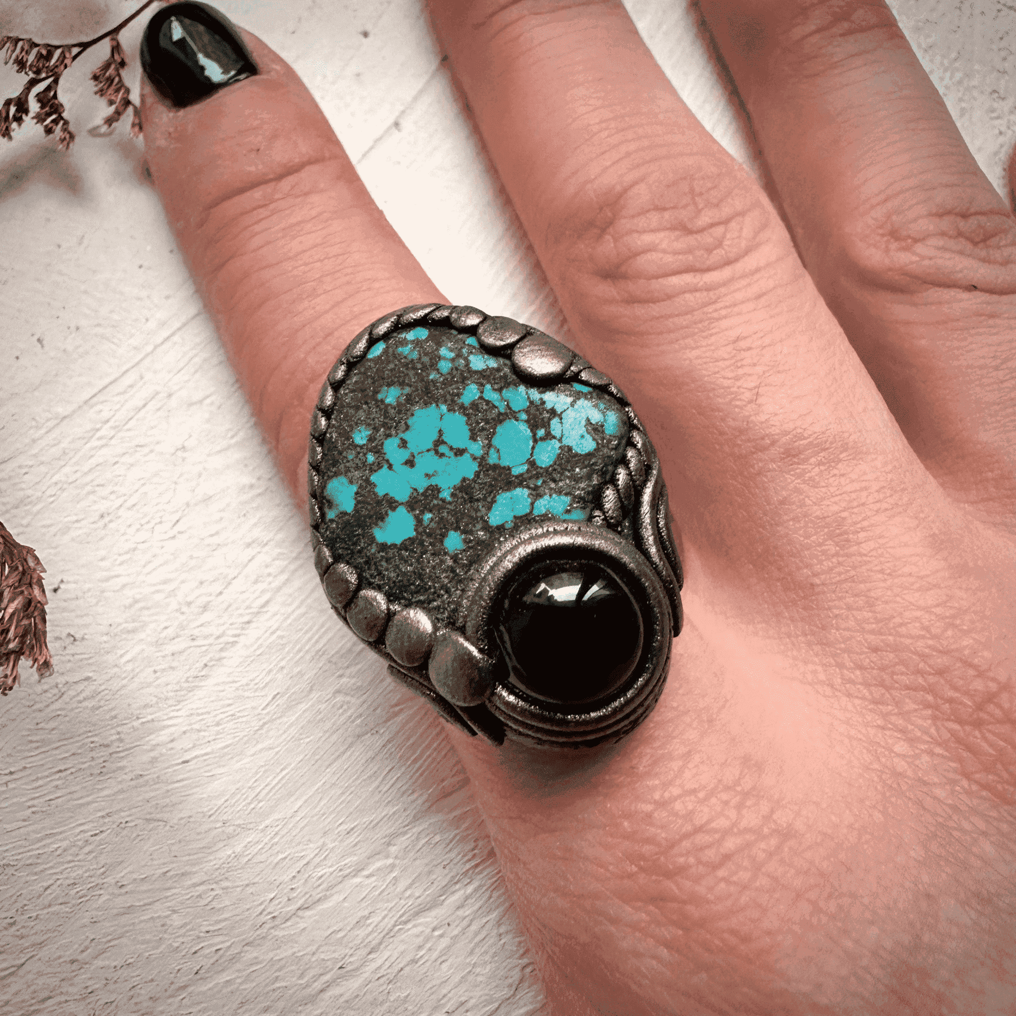 Turquoise and Black Onyx Ring - FairyGardenGlow