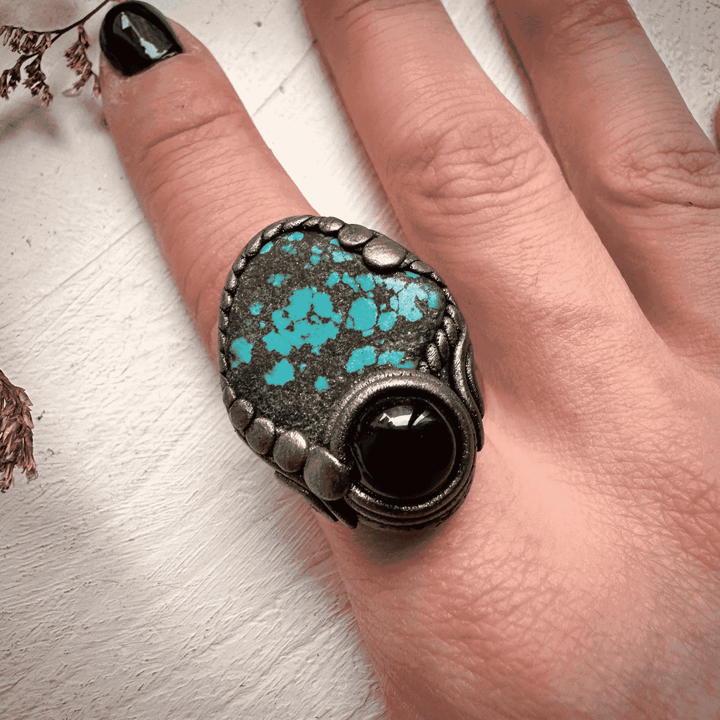 Turquoise and Black Onyx Ring - FairyGardenGlow