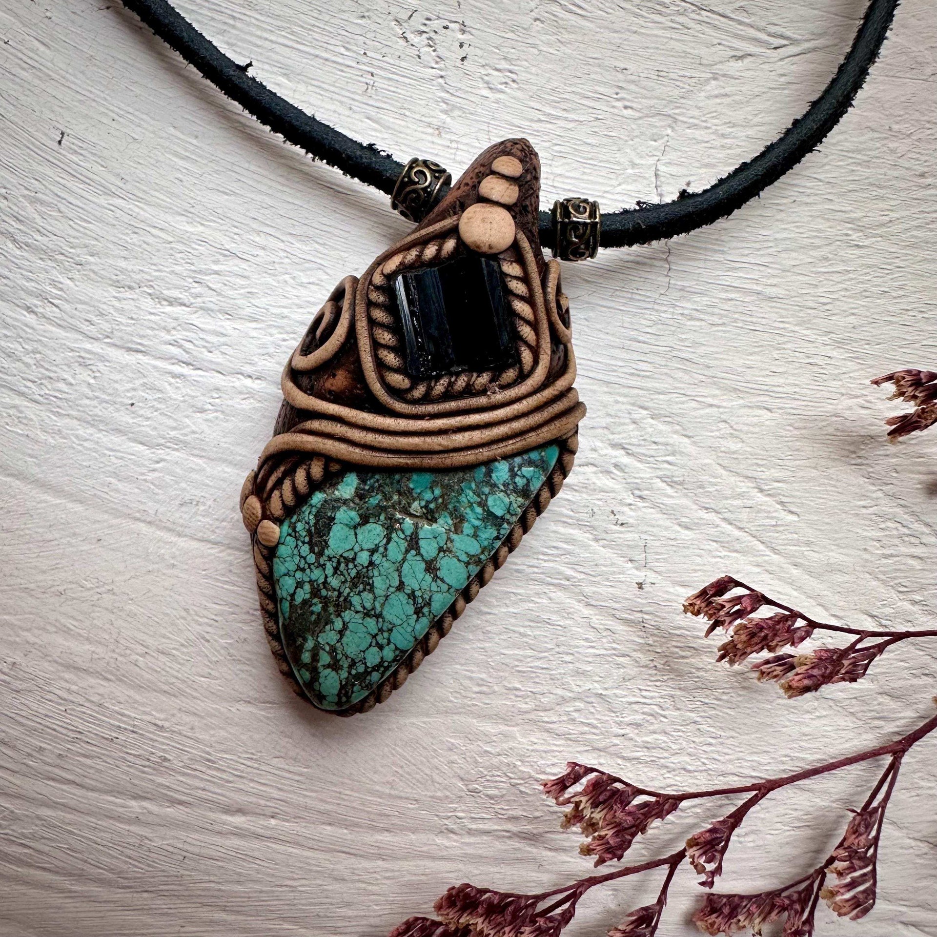 Turquoise and Black Tourmaline Pendant Necklace - FairyGardenGlow