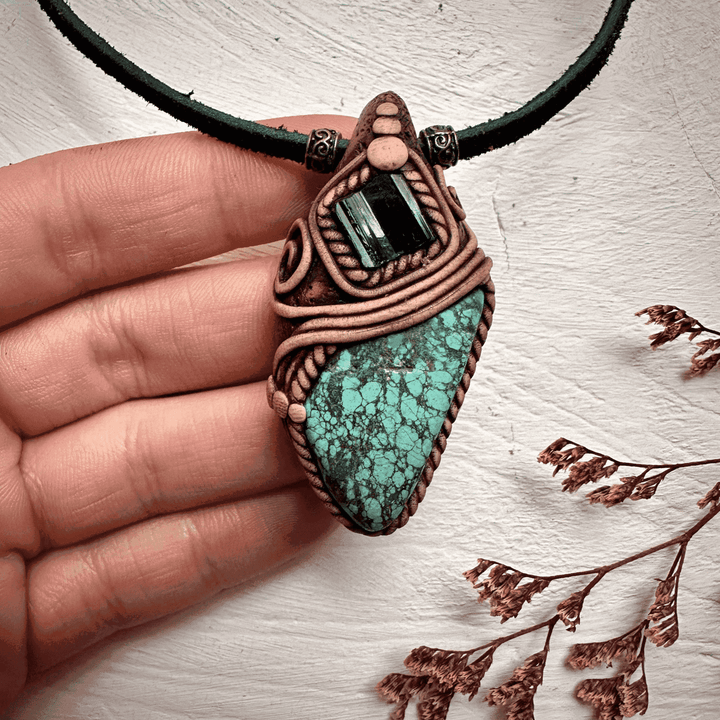 Turquoise and Black Tourmaline Pendant Necklace - FairyGardenGlow