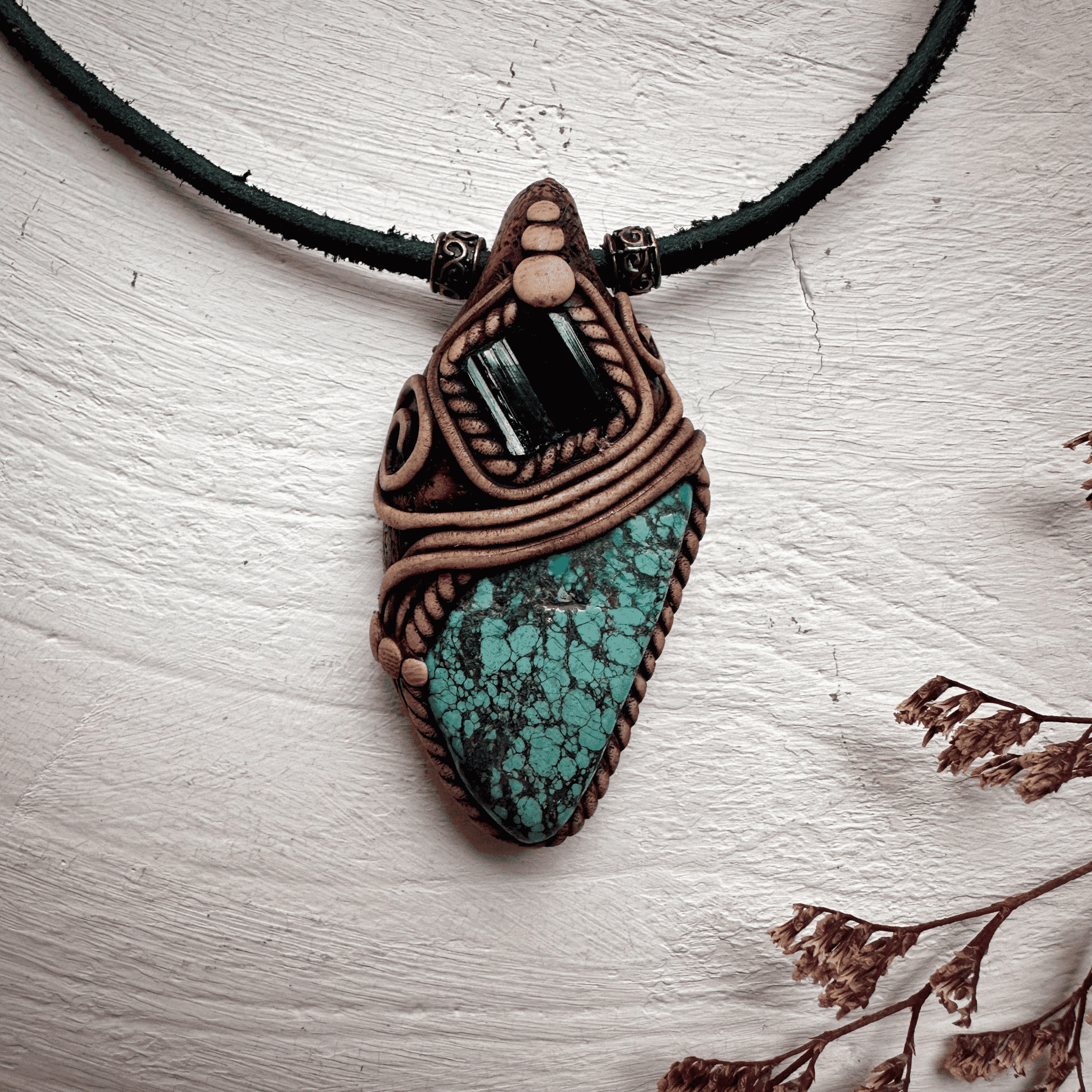 Turquoise and Black Tourmaline Pendant Necklace - FairyGardenGlow
