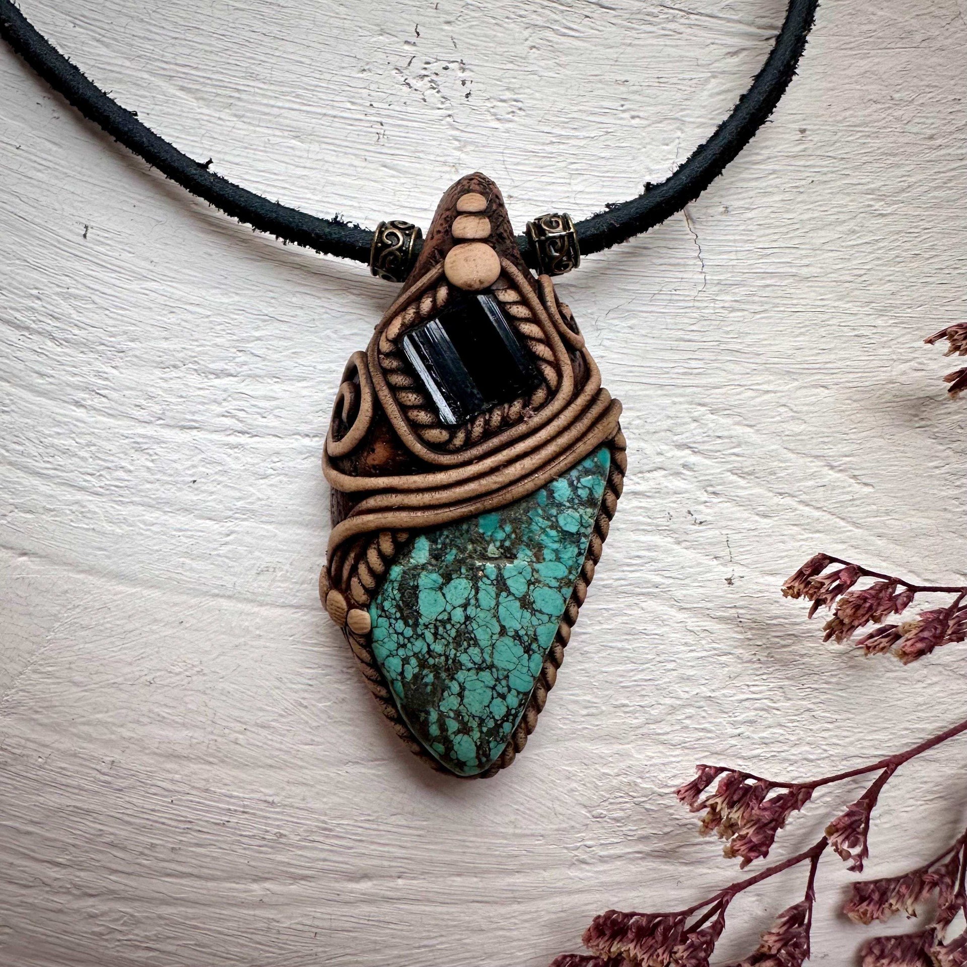 Turquoise and Black Tourmaline Pendant Necklace - FairyGardenGlow