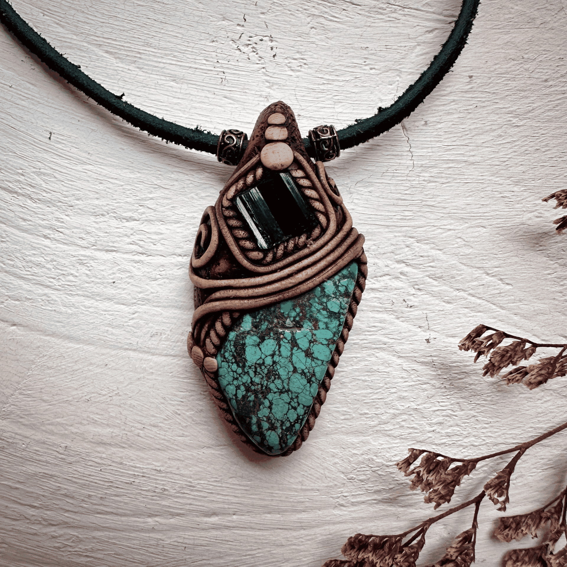 Turquoise and Black Tourmaline Pendant Necklace - FairyGardenGlow