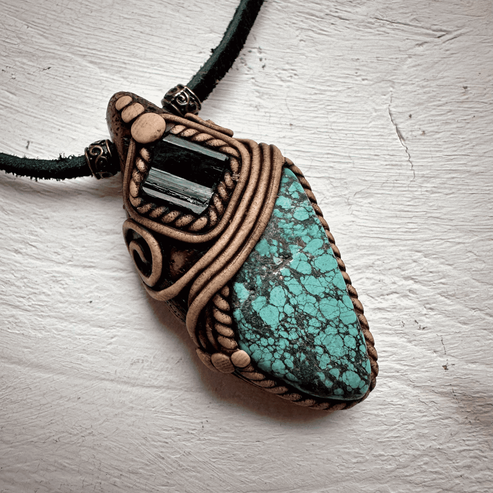 Turquoise and Black Tourmaline Pendant Necklace - FairyGardenGlow
