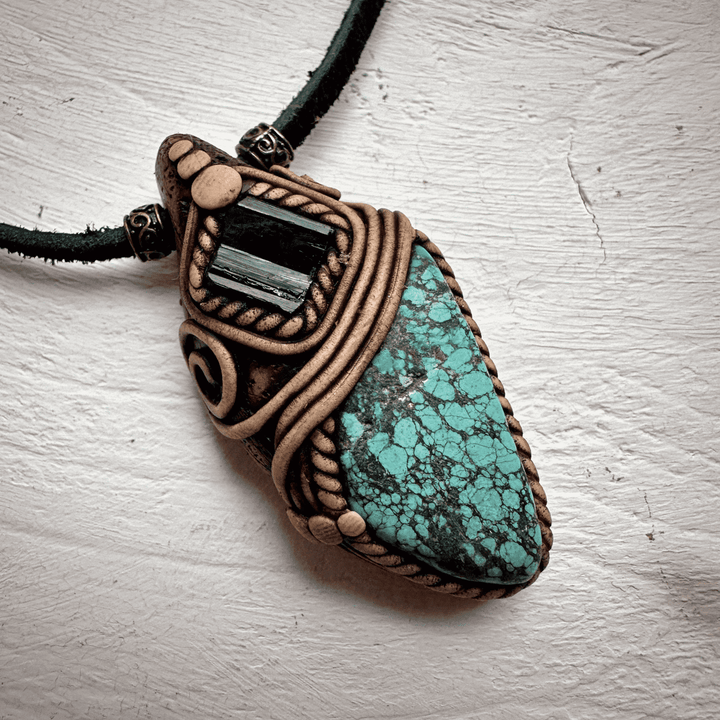 Turquoise and Black Tourmaline Pendant Necklace - FairyGardenGlow