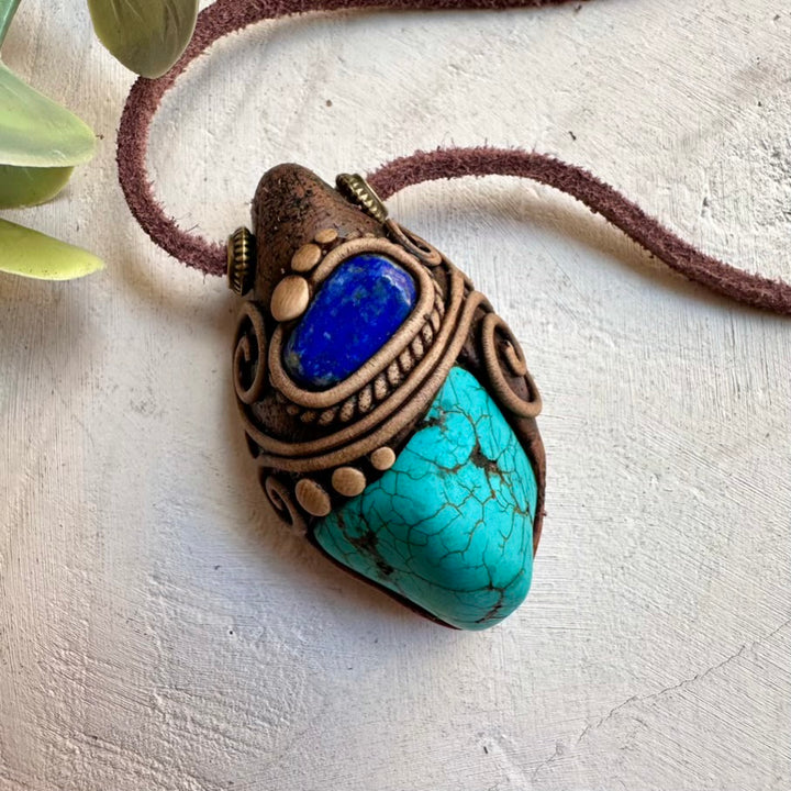 Turquoise and lapis lazuli necklace, unisex gemstone pendant