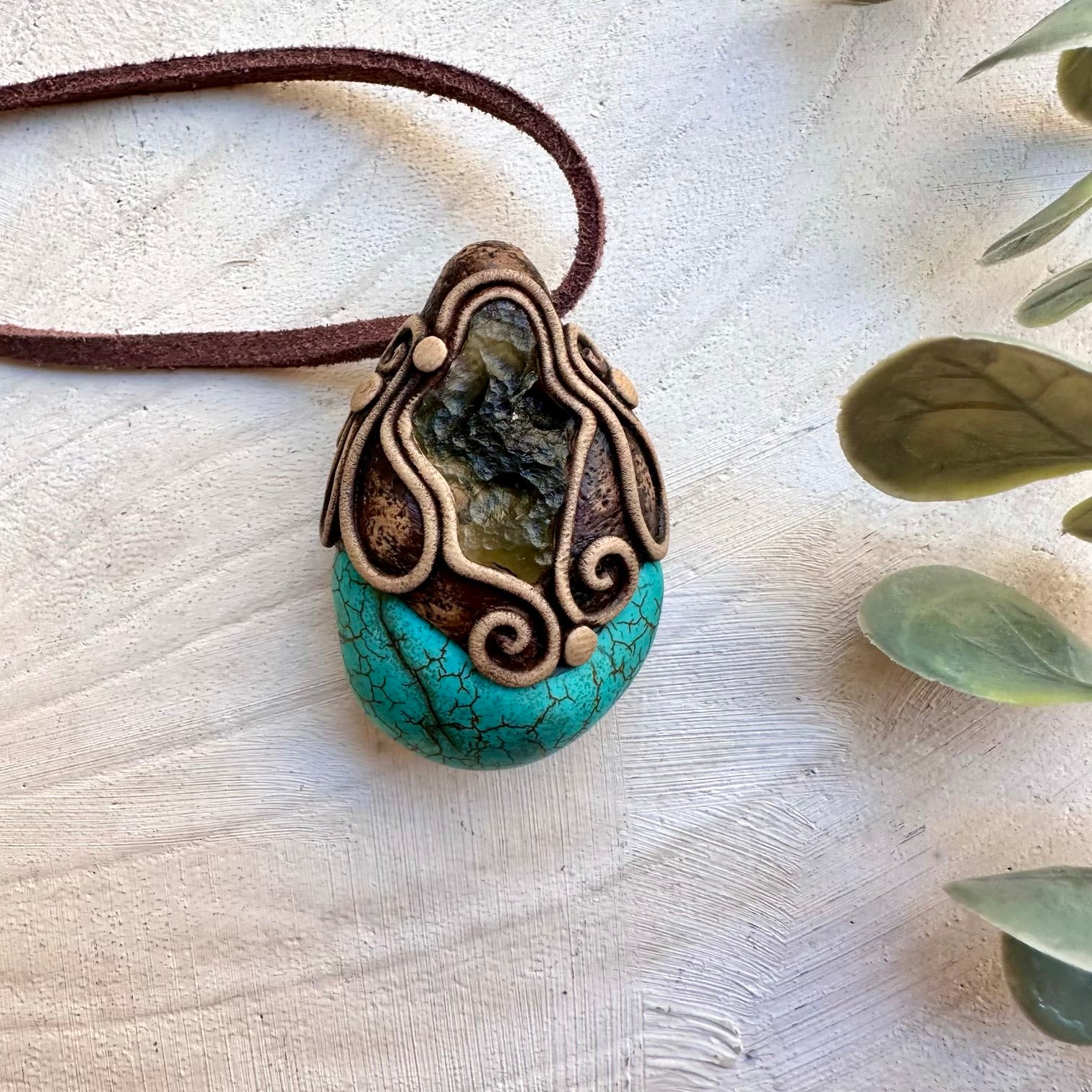 Turquoise and moldavite pendant unisex handmade necklace