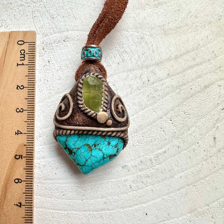 Natural Turquoise and Raw Peridot pendant for meditation, mindfulness, and spiritual practice