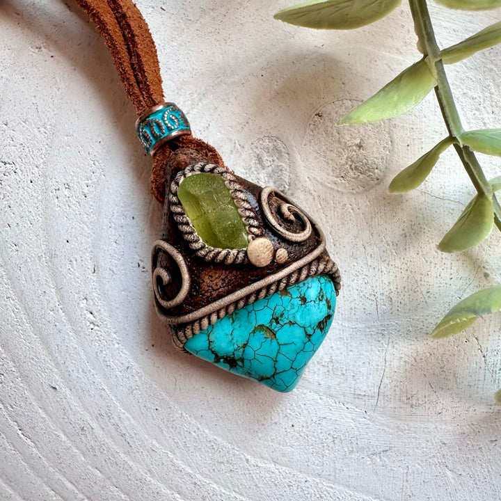 Boho crystal pendant with Turquoise and Raw Peridot for protection and positive energy