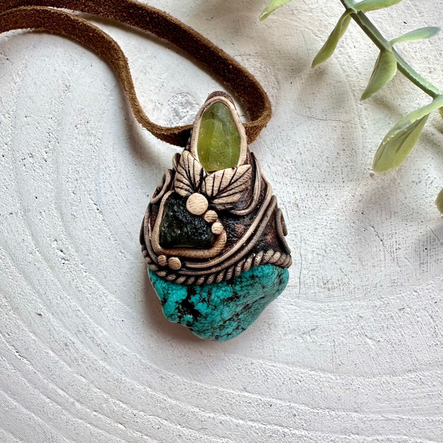 Turquoise Peridot and Moldavite crystal talisman necklace handmade unisex boho gemstone jewelry
