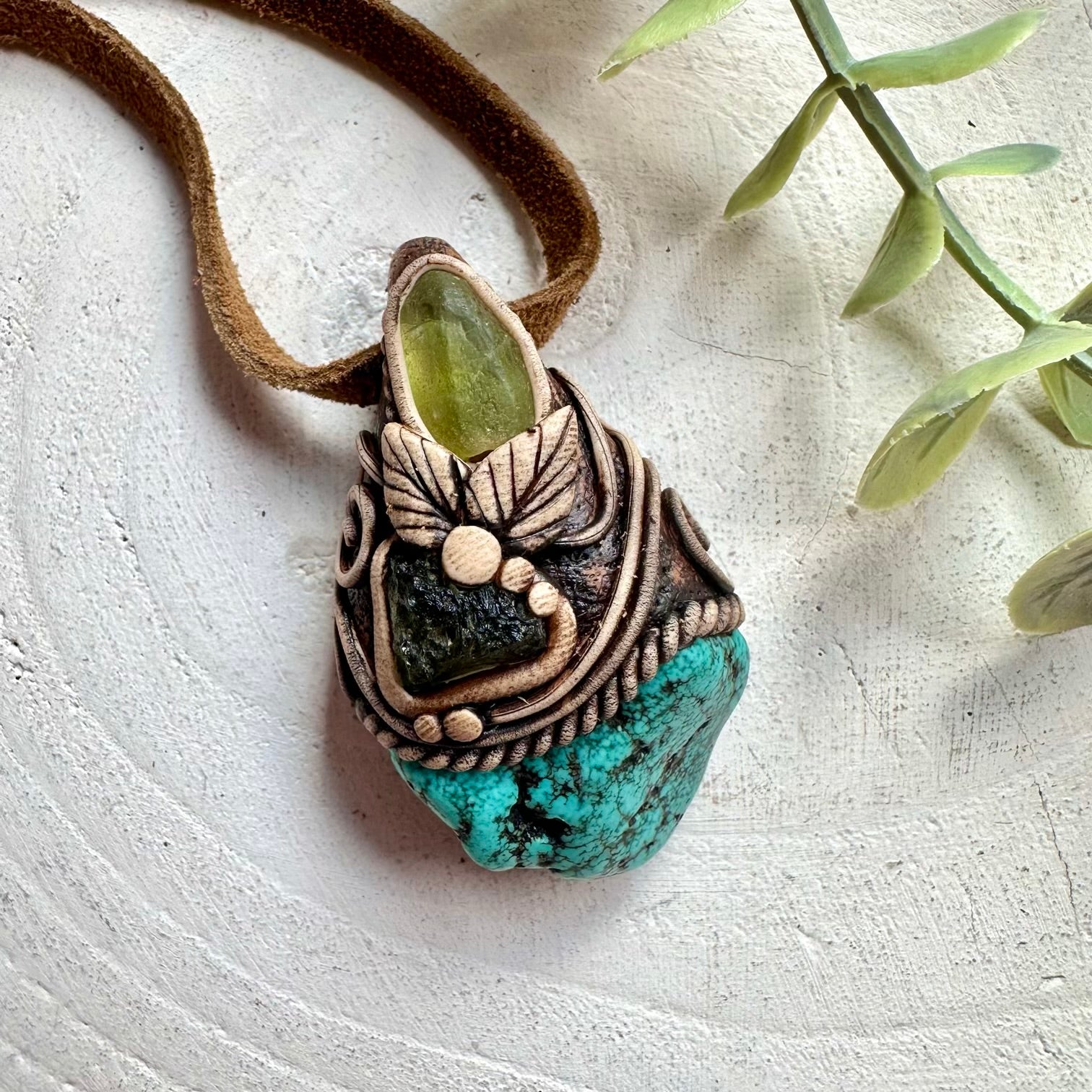 Handmade Turquoise with Peridot and Moldavite pendant necklace featuring natural healing crystal gemstones