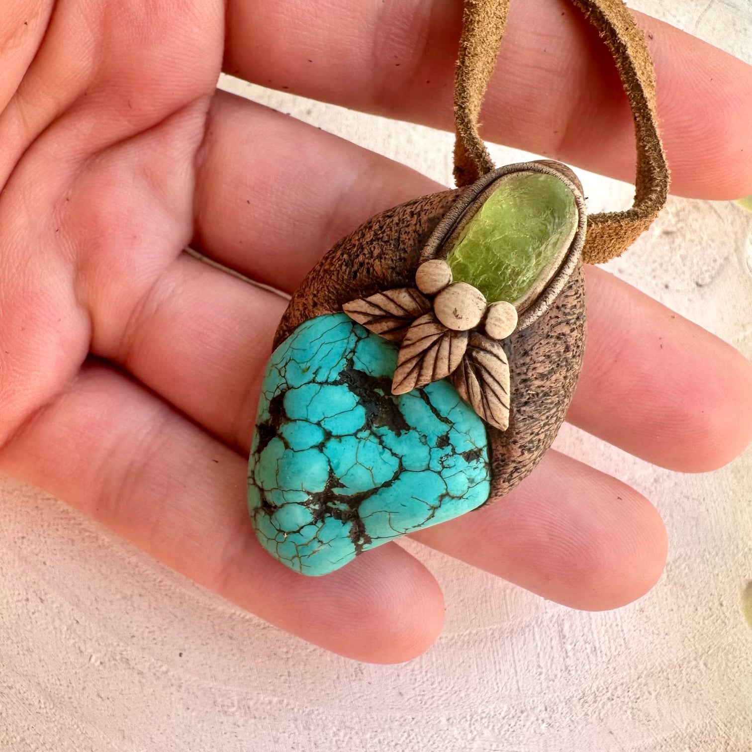 Turquoise and Peridot pendant necklace handmade with natural gemstones