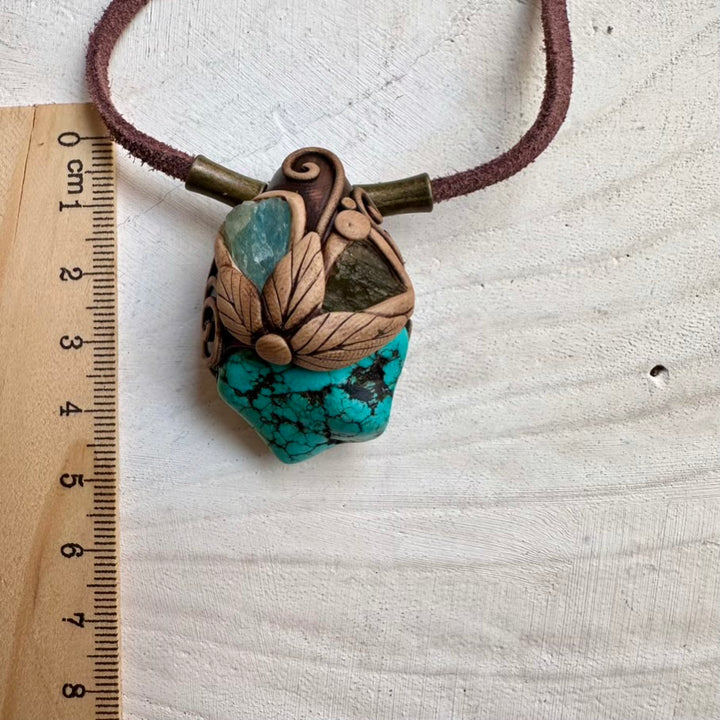 One of a kind turquoise aquamarine and moldavite necklace