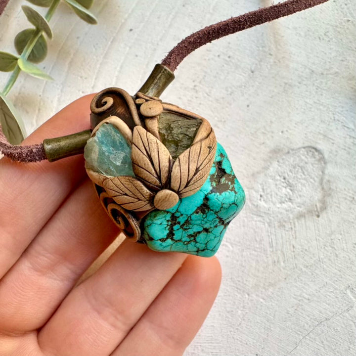 Turquoise with raw aquamarine and moldavite unisex pendant necklace