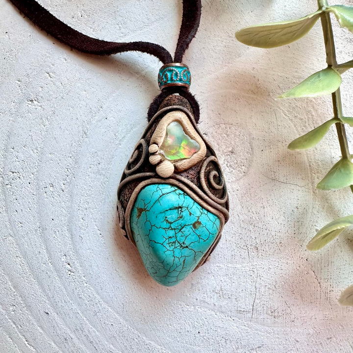 Turquoise and Raw Ethiopian Opal handmade boho healing crystal necklace