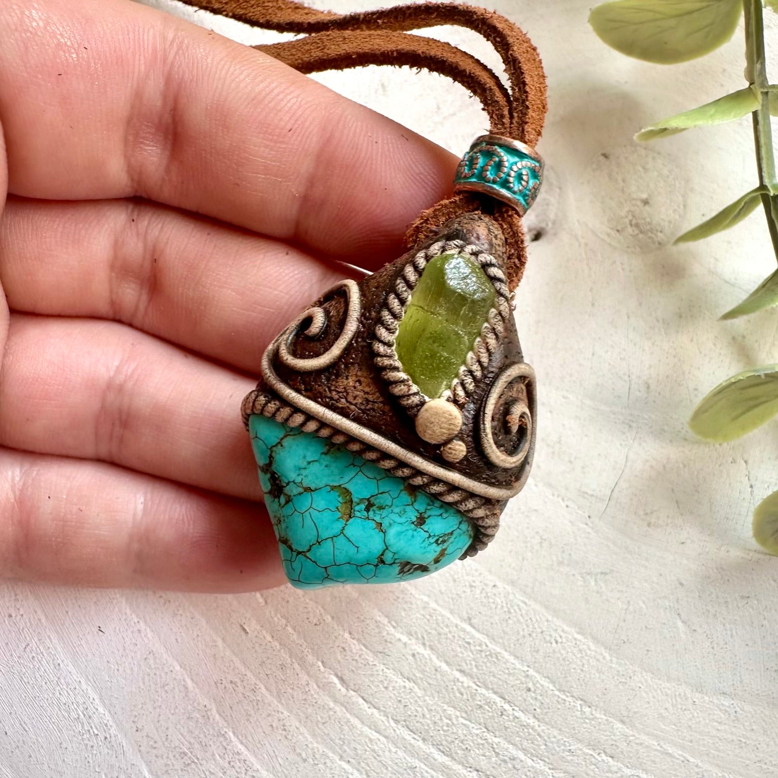 Unisex healing crystal necklace featuring natural Turquoise and Raw Peridot gemstones