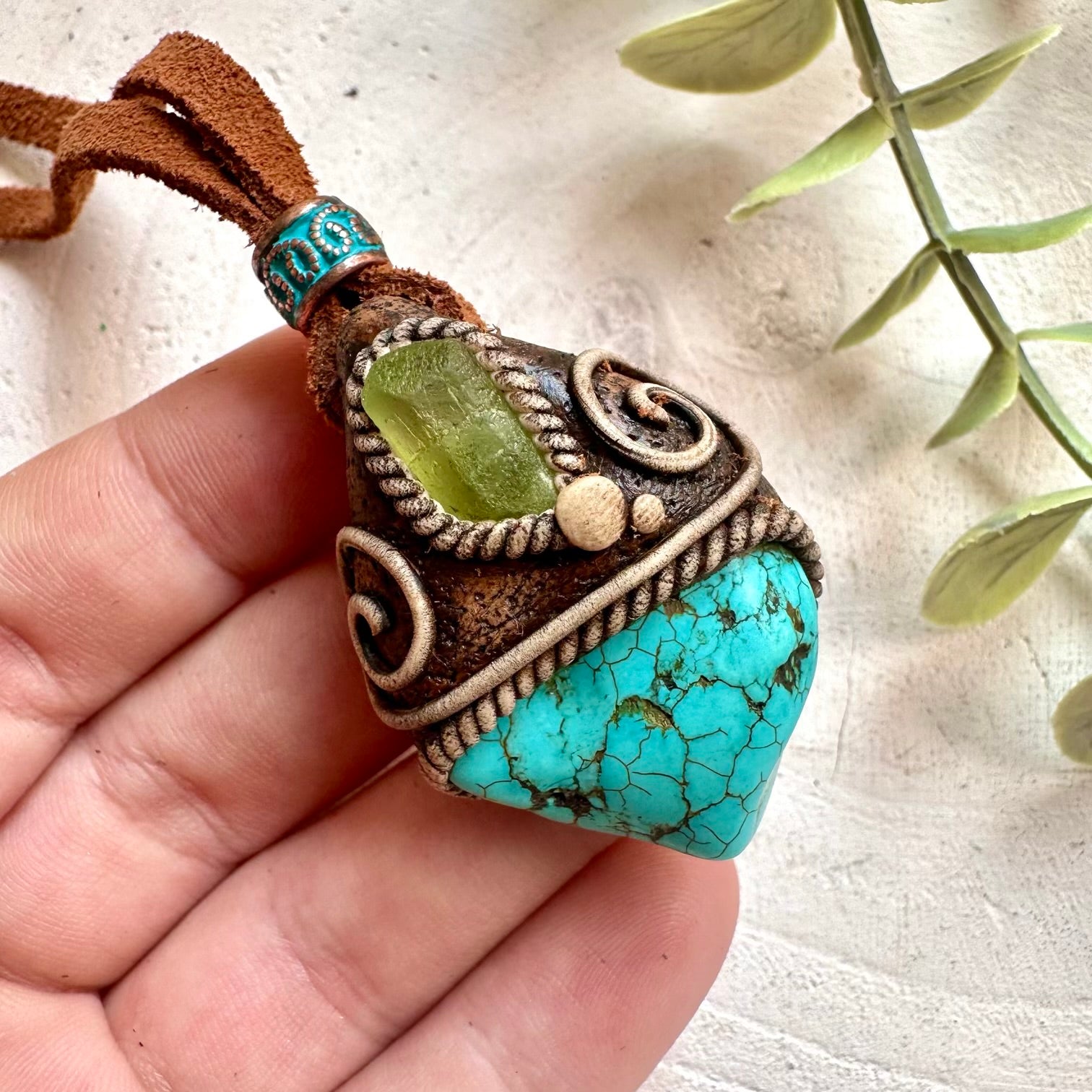 One of a kind Turquoise and Raw Peridot necklace crafted from genuine natural gemstones and clay