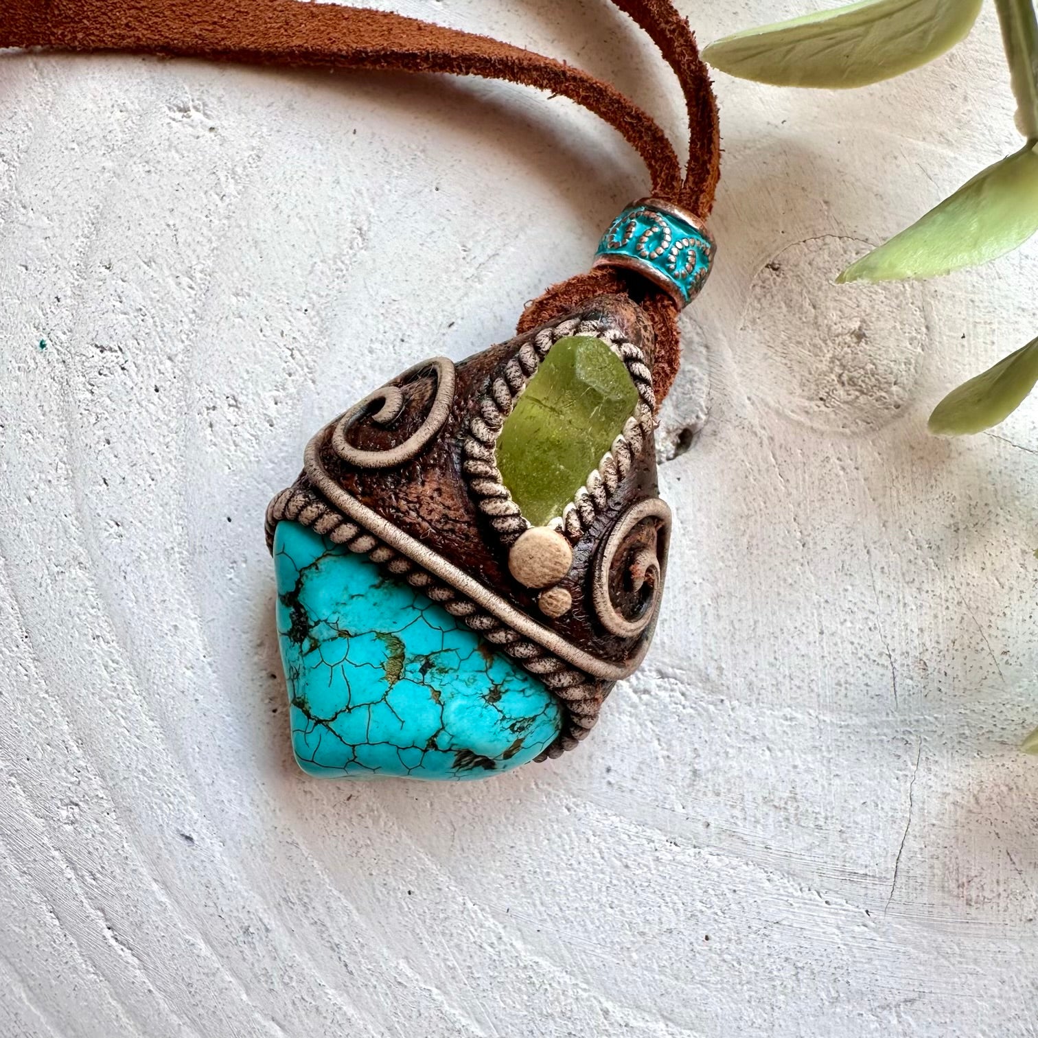 Handmade Turquoise and Raw Peridot pendant necklace with natural healing crystals for women and men
