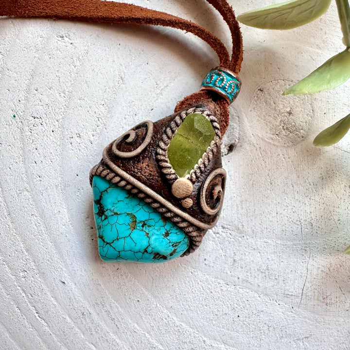 Handmade Turquoise and Raw Peridot pendant necklace with natural healing crystals for women and men