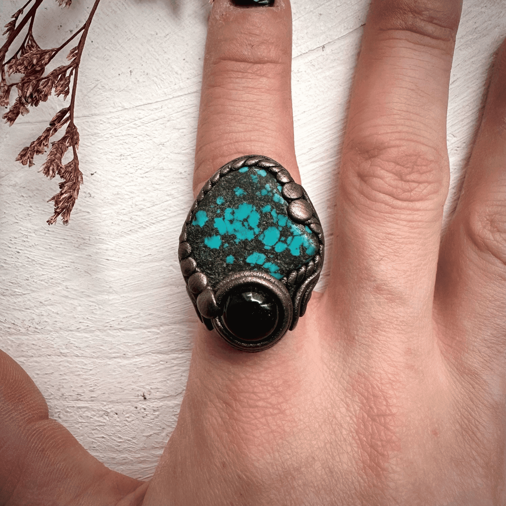 Turquoise and Black Onyx Ring - FairyGardenGlow