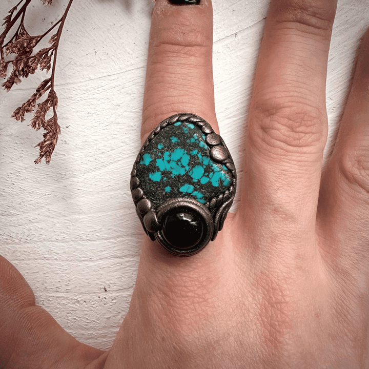Turquoise and Black Onyx Ring - FairyGardenGlow