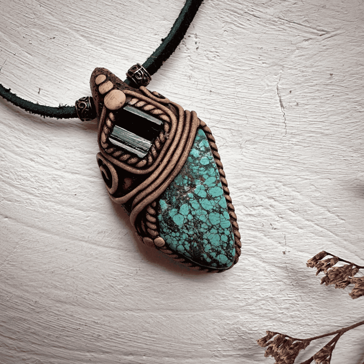 Turquoise and Black Tourmaline Pendant Necklace - FairyGardenGlow