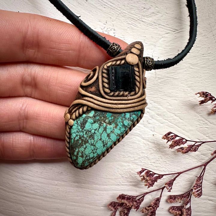 Turquoise and Black Tourmaline Pendant Necklace - FairyGardenGlow