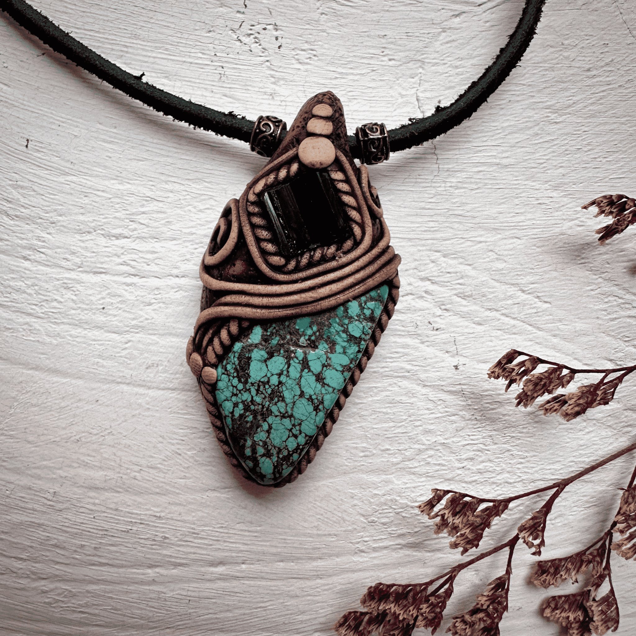 Turquoise and Black Tourmaline Pendant Necklace - FairyGardenGlow
