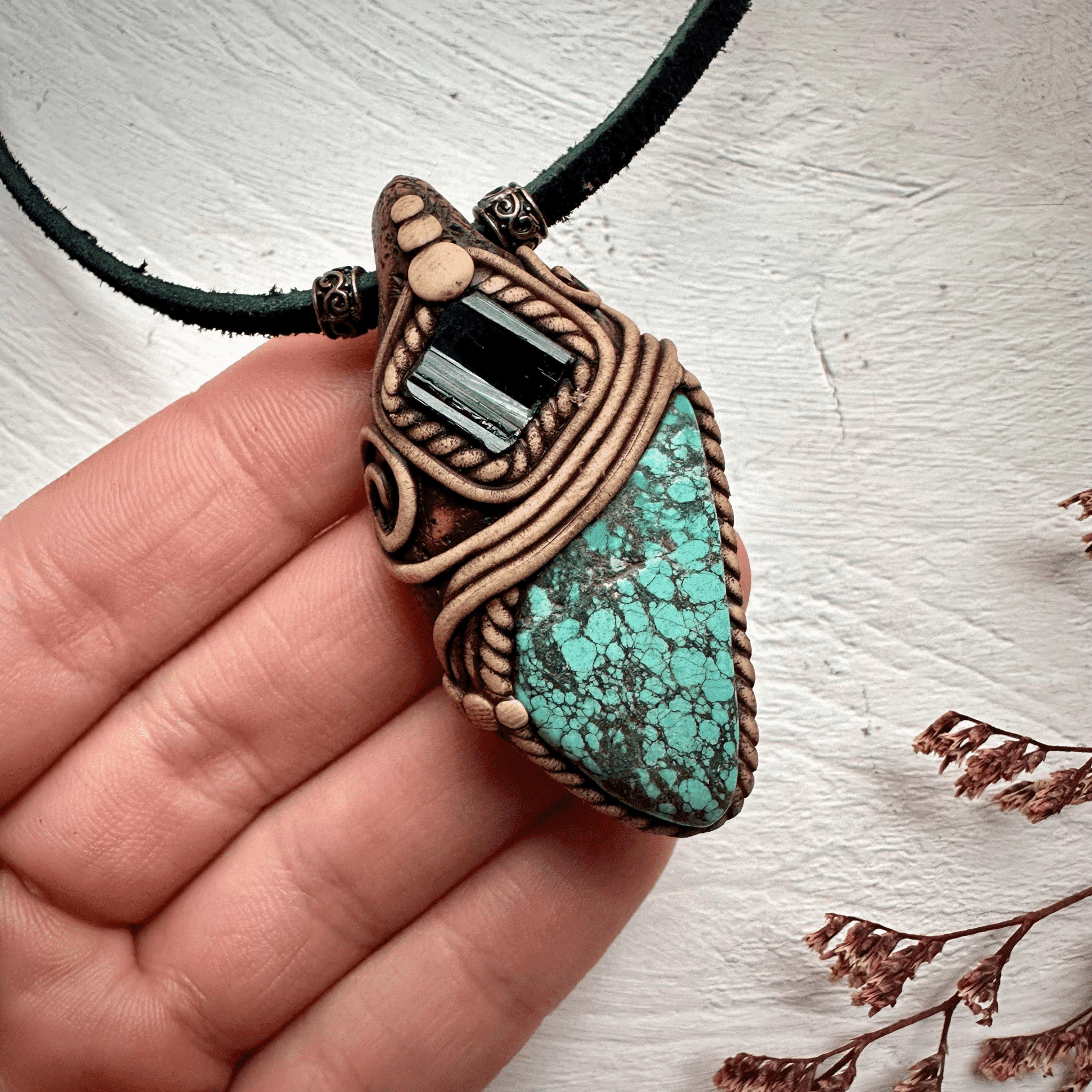 Turquoise and Black Tourmaline Pendant Necklace - FairyGardenGlow