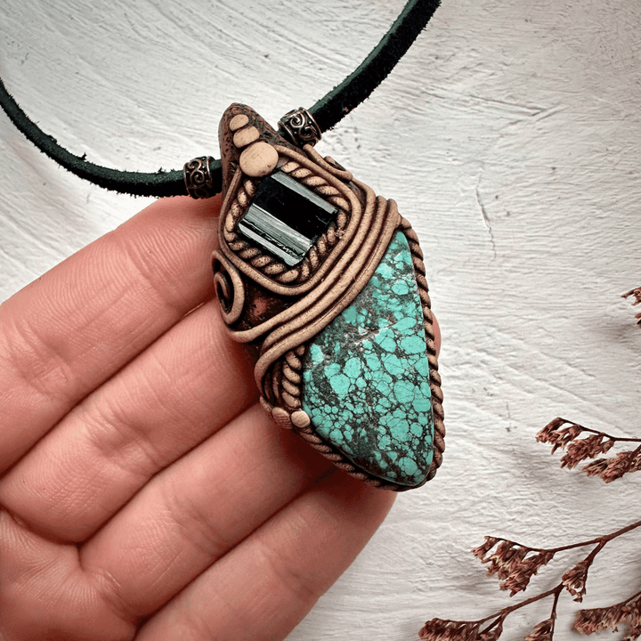 Turquoise and Black Tourmaline Pendant Necklace - FairyGardenGlow