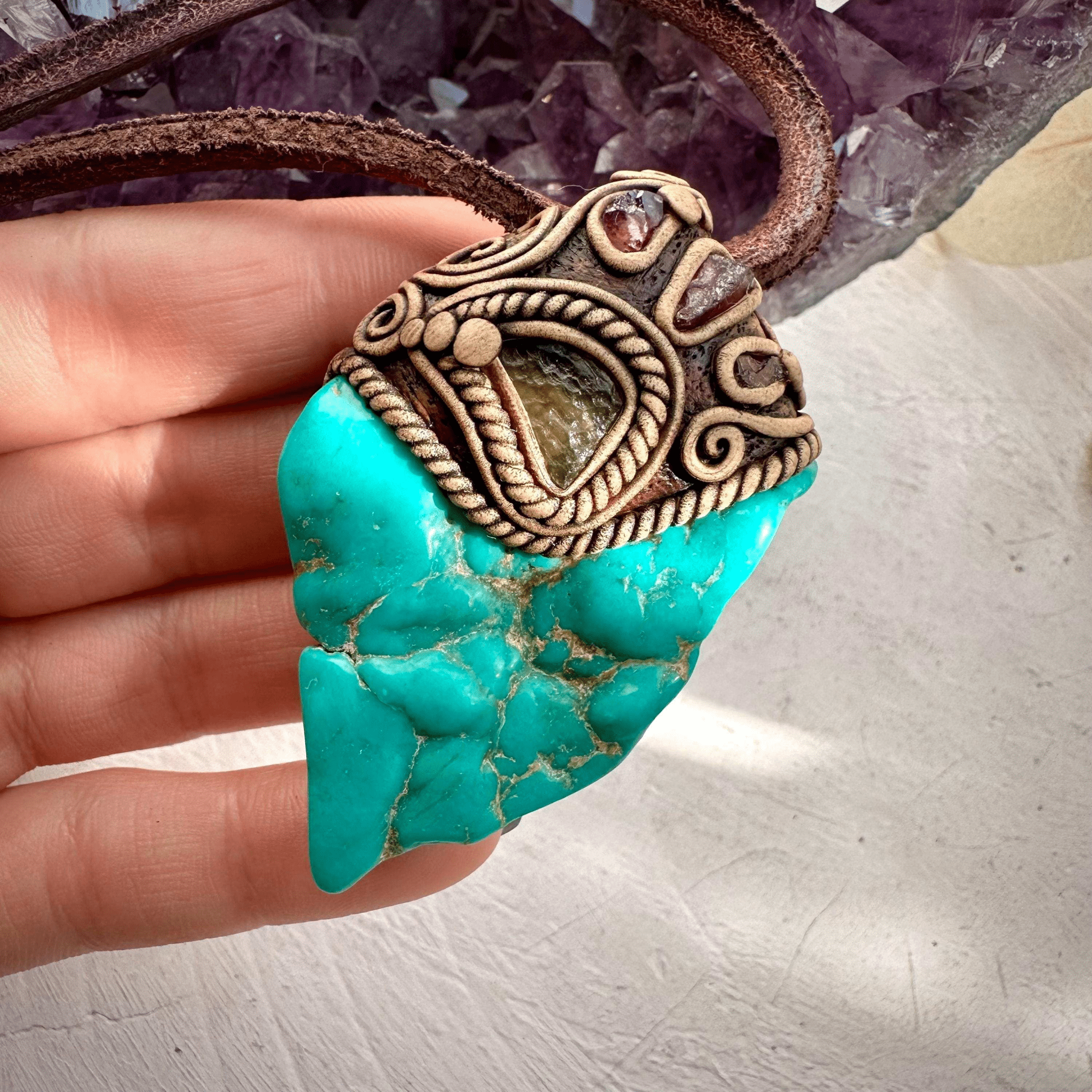 Turquoise Moldavite and Rhodolite Garnet Necklace - FairyGardenGlow