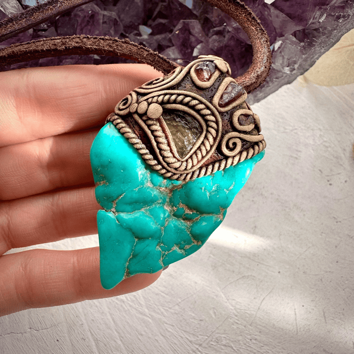 Turquoise Moldavite and Rhodolite Garnet Necklace - FairyGardenGlow