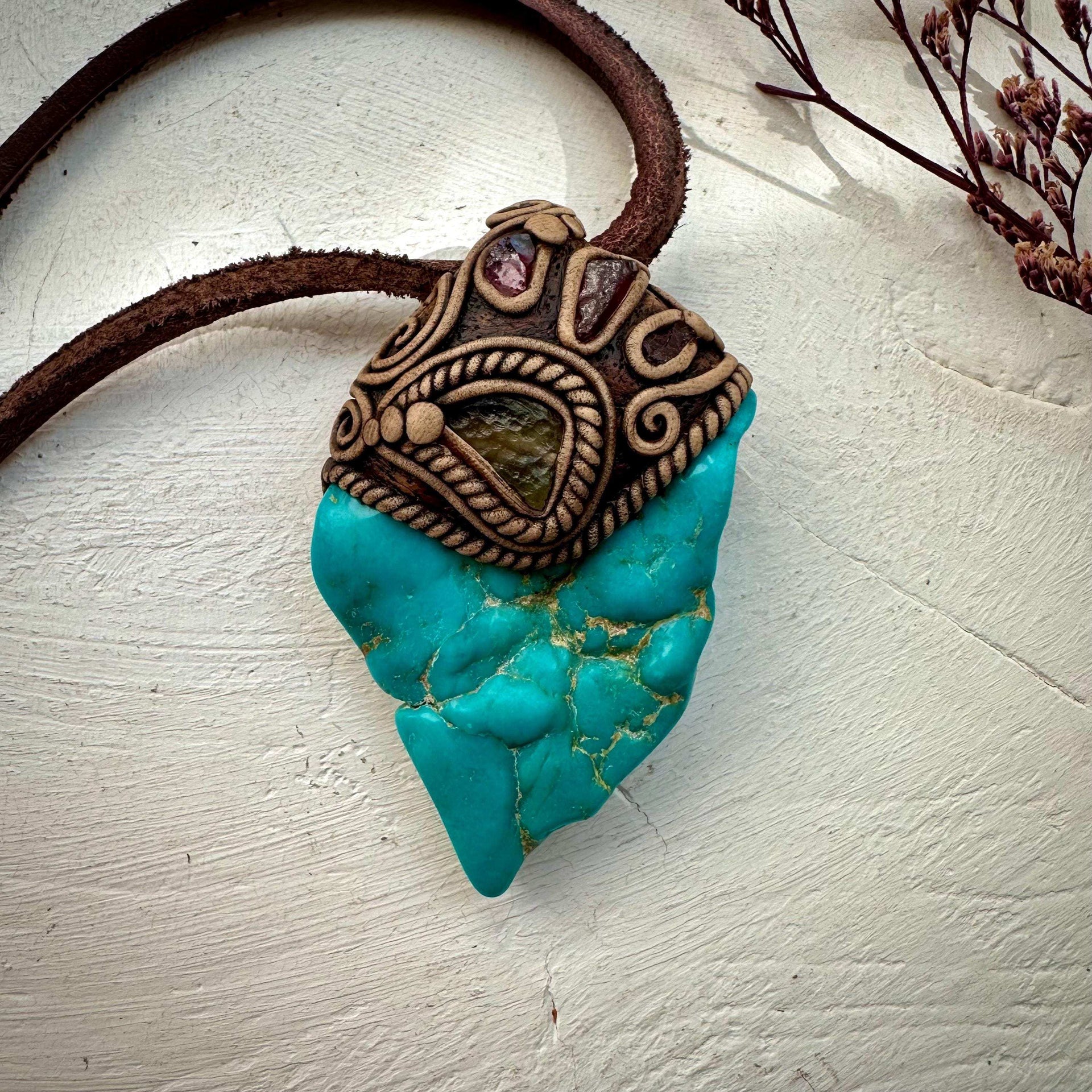 Turquoise Moldavite and Rhodolite Garnet Necklace - FairyGardenGlow