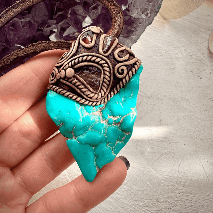 Turquoise Moldavite and Rhodolite Garnet Necklace - FairyGardenGlow