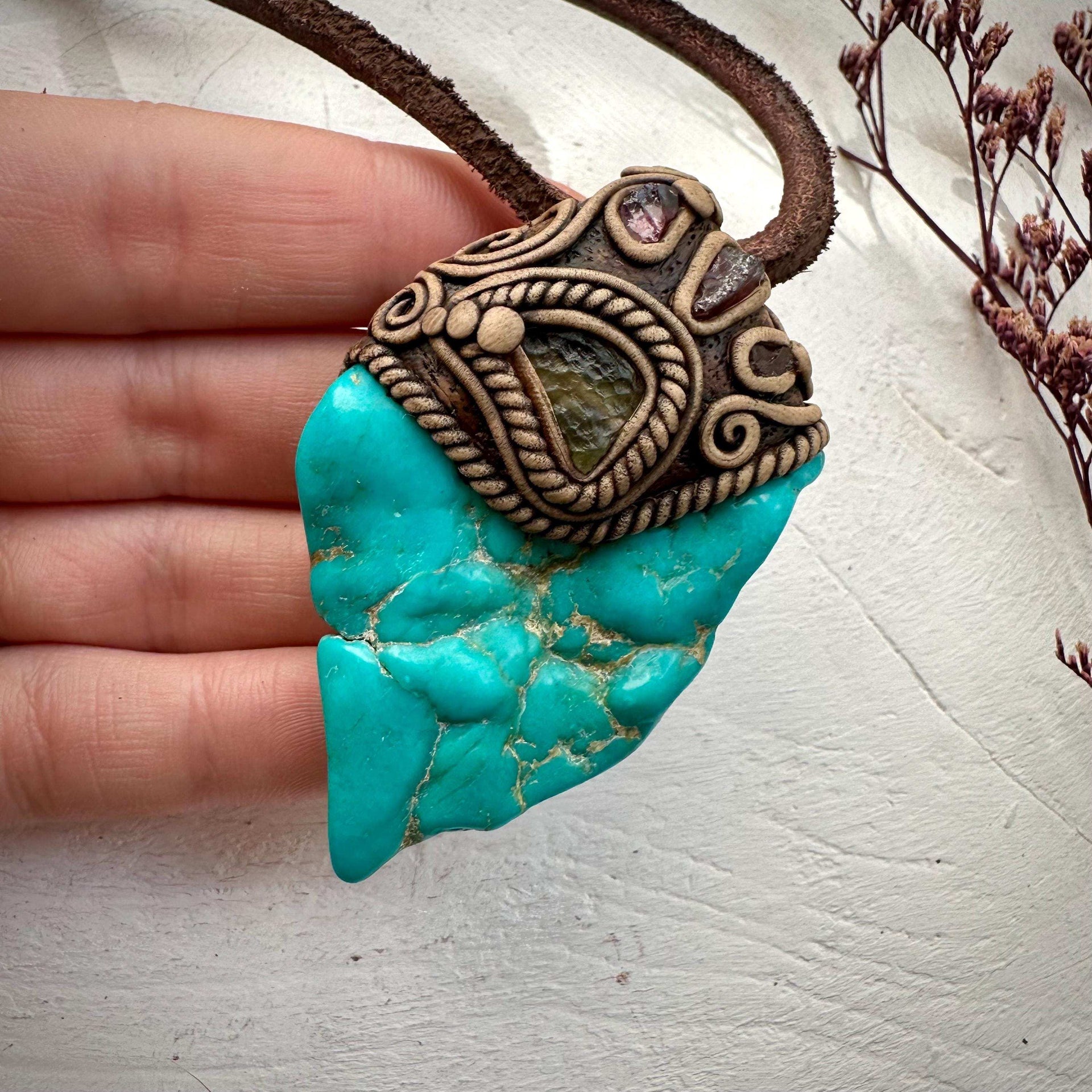 Turquoise Moldavite and Rhodolite Garnet Necklace - FairyGardenGlow