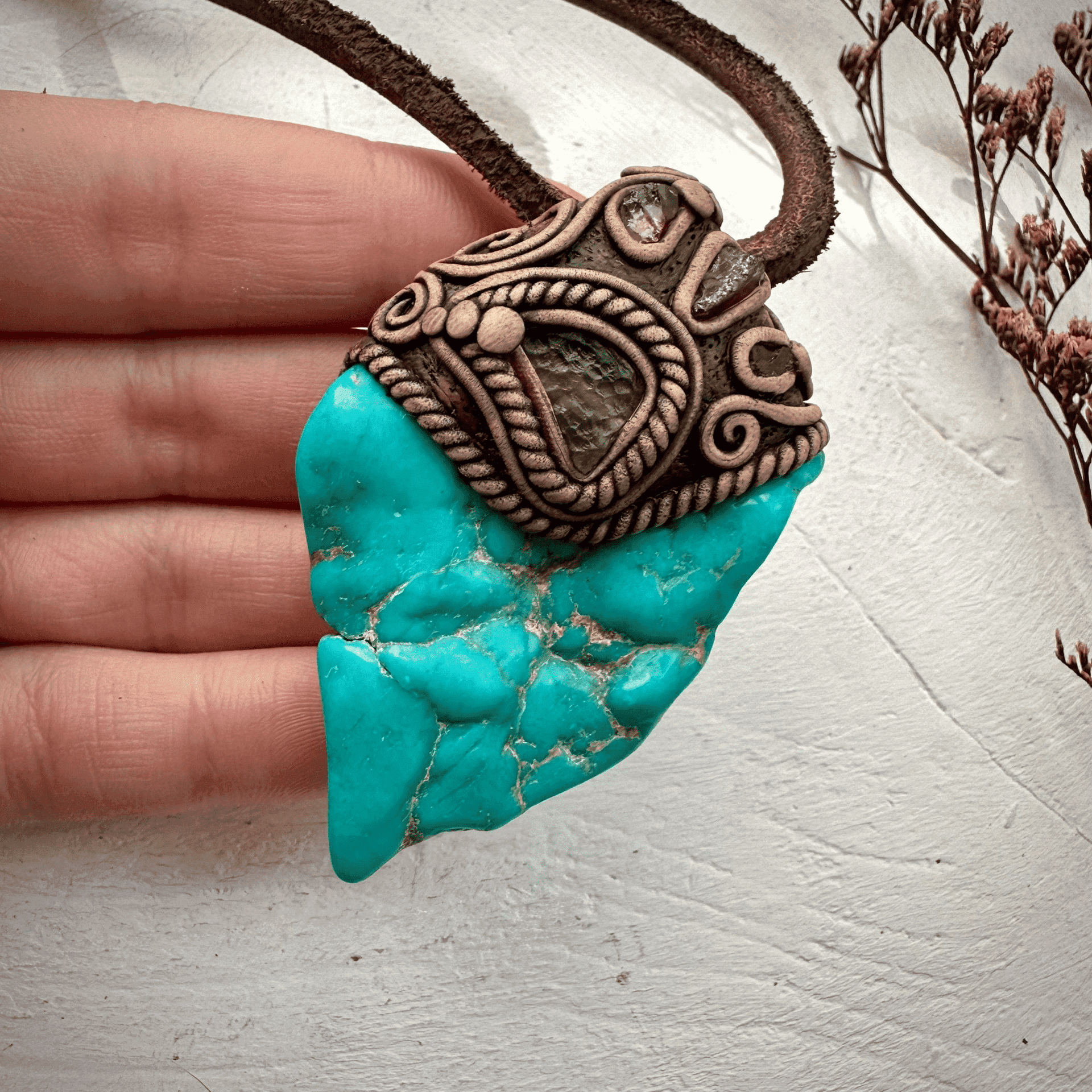 Turquoise Moldavite and Rhodolite Garnet Necklace - FairyGardenGlow