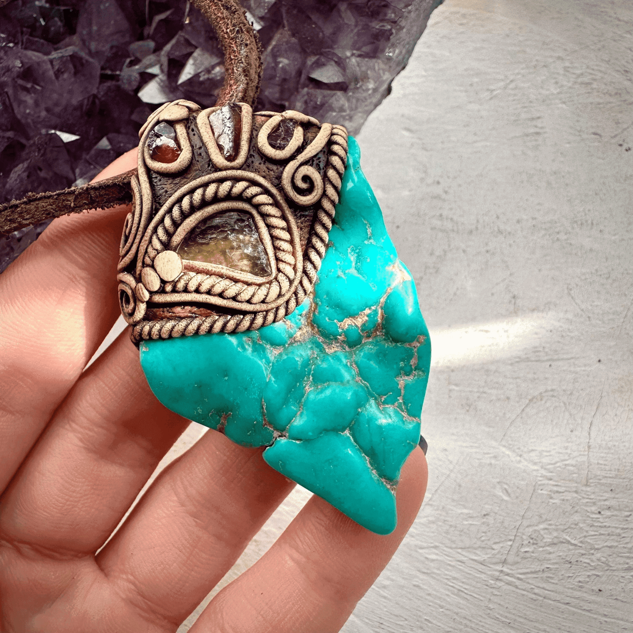 Turquoise Moldavite and Rhodolite Garnet Necklace - FairyGardenGlow