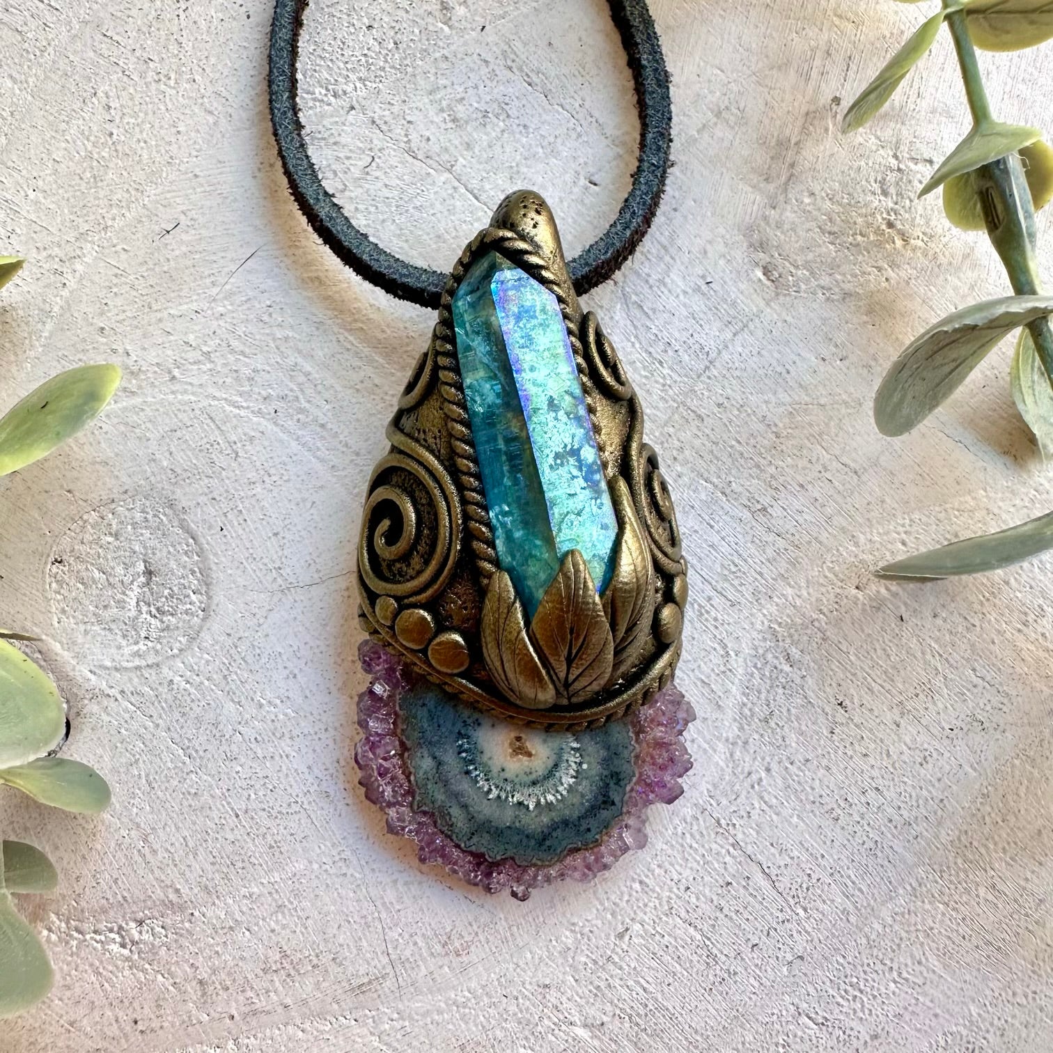 One of a kind crystal necklace with a natural Amethyst Stalactite and shimmering Aqua Aura Quartz.