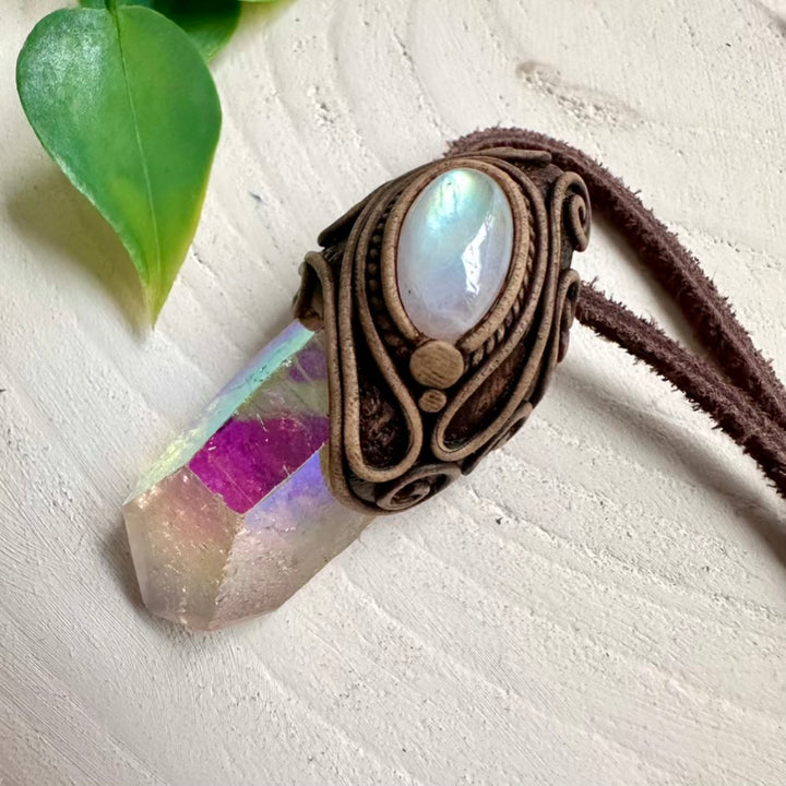 Healing stone pendant crafted with Angel Aura Quartz and Rainbow Moonstone