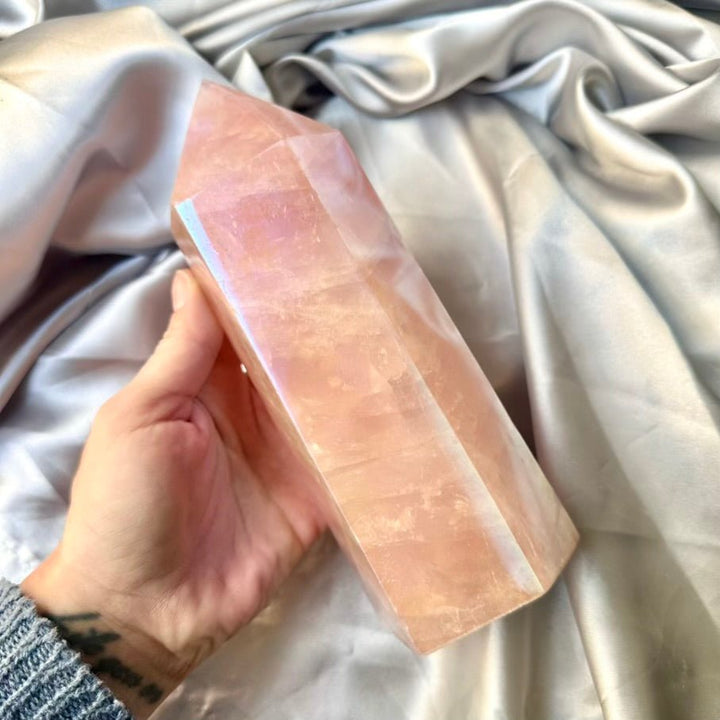 Angel Aura Rose Quartz Tower – Unique Polished Pink Crystal Point for Love, Peace & Spiritual Harmony - FairyGardenGlow