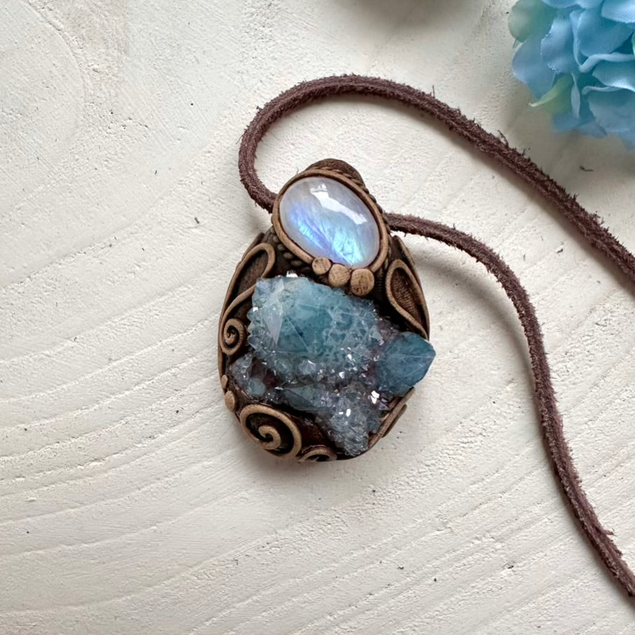 Unique gemstone necklace – Aqua Aura Spirit Quartz and Rainbow Moonstone